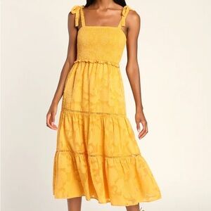 Float to Love Yellow Jacquard Smocked Tie-Strap Midi Dress